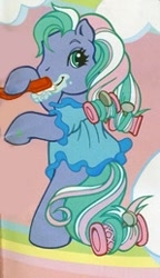 Size: 149x258 | Tagged: safe, razzaroo, earth pony, pony, g3, official, bipedal, brushing teeth, clothes, cloud, dress, green eyes, green mane, hair curlers, heart, hoof heart, looking at you, nightgown, pink mane, purple coat, rainbow, solo, standing, toothbrush