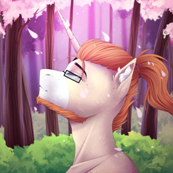 Size: 2500x2500 | Tagged: safe, artist:lunciakkk, oc, oc only, oc:mckeypl, pony, unicorn, bust, cherry blossoms, commission, ear fluff, facial hair, flower, flower blossom, forest, high res, horn, male, ponytail, portrait, solo, stallion