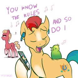 Size: 2048x2048 | Tagged: safe, artist:pfeffaroo, edit, hitch trailblazer, songbird serenade, sprout cloverleaf, bird, earth pony, pony, g4, g5, my little pony: the movie, airpods, butt, cellphone, critter magnet, duo, earbuds, high res, male, never gonna give you up, phone, plot, rick astley, rickroll, singing, smartphone, song reference, stallion