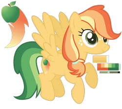 Size: 3000x2700 | Tagged: safe, artist:monochrome-sunsets, oc, oc only, pegasus, pony, g4, female, flying, freckles, full body, hair tie, high res, hooves, magical lesbian spawn, mare, multicolored mane, multicolored tail, offspring, parent:applejack, parent:rainbow dash, parents:appledash, pegasus oc, reference sheet, show accurate, simple background, smiling, solo, spread wings, tail, transparent background, wings