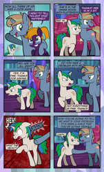 Size: 1920x3169 | Tagged: safe, artist:alexdti, oc, oc only, oc:brainstorm (alexdti), oc:purple creativity, oc:star logic, pegasus, pony, unicorn, comic:quest for friendship, abuse, angry, comic, dialogue, ears back, eye contact, female, folded wings, frown, glasses, grin, high res, hooves, hooves behind head, horn, looking at each other, looking at someone, looking back, male, mare, motion lines, nervous, nervous smile, onomatopoeia, open mouth, open smile, pegasus oc, ponytail, raised hoof, raised leg, shadow, shrunken pupils, smiling, speech bubble, stallion, standing, tail, twilight's castle, two toned mane, two toned tail, underhoof, unicorn oc, walking, wall of tags, wings, yelling