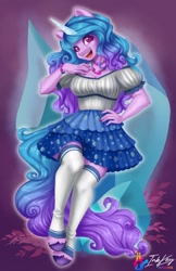 Size: 990x1530 | Tagged: safe, artist:inkkeystudios, izzy moonbow, unicorn, anthro, unguligrade anthro, g5, adorasexy, bare shoulders, blouse, bracelet, breasts, busty izzy moonbow, cleavage, clothes, cute, dress, eyelashes, female, gradient mane, happy, hoofless socks, izzybetes, jewelry, large voluminous hair, leg warmers, long nails, nail polish, necklace, open mouth, open smile, pleated skirt, sexy, skindentation, skirt, smiling, socks, solo, thigh highs, unshorn fetlocks, zettai ryouiki