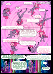 Size: 1275x1775 | Tagged: safe, artist:alcor, pinkie pie, spike, dragon, earth pony, human, pony, comic:double trouble (alcor), equestria girls, g4, ass, breasts, busty pinkie pie, butt, catsuit, comic, duality, human ponidox, portal, self paradox, self ponidox