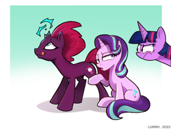 Size: 3821x2894 | Tagged: safe, artist:lummh, fizzlepop berrytwist, starlight glimmer, tempest shadow, twilight sparkle, alicorn, pony, unicorn, g4, broken horn, female, frown, glare, high res, horn, mare, meme, signature, sitting, smiling, sparking horn, special eyes, tongue out, trio, twilight sparkle (alicorn)
