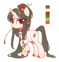 Size: 1693x1793 | Tagged: safe, artist:xieyanbbb, oc, oc only, oc:rouge embroidery, pony, unicorn, bracelet, brown mane, chinese, choker, colored hooves, curved horn, flower, flower in hair, hair accessory, hairpin, horn, japanese, jewelry, long mane, red eyes, show accurate, simple background, solo, tassels, white background