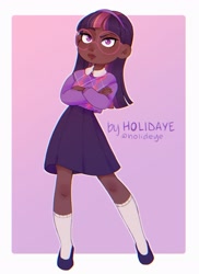 Size: 2368x3247 | Tagged: safe, artist:holidaye, twilight sparkle, human, g4, argyle, clothes, dark skin, female, glasses, headband, high res, humanized, shoes, skirt, socks, solo, sweater