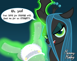 Size: 2612x2048 | Tagged: safe, artist:mommymidday, queen chrysalis, changeling, changeling queen, pony, g4, dangling, diaper, diaper fetish, eyeshadow, female, fetish, forked tongue, high res, humiliation, inspired, looking at you, magic, magic aura, makeup, show accurate, telekinesis