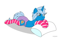 Size: 1280x845 | Tagged: safe, artist:small-brooke1998, oc, oc only, pony, unicorn, clothes, diaper, diaper fetish, fetish, horn, non-baby in diaper, pillow, simple background, socks, solo, unicorn oc, white background