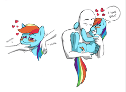 Size: 720x524 | Tagged: safe, artist:mickeymonster, edit, rainbow dash, oc, oc:anon, human, pony, g4, blushing, chin scratch, cute, dashabetes, dialogue, female, floating heart, folded wings, heart, holding a pony, hug, human on pony petting, i love you, mare, onomatopoeia, petting, simple background, size difference, smiling, speech bubble, talking, white background, wings