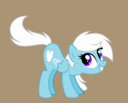 Size: 996x806 | Tagged: safe, artist:feather_bloom, oc, oc only, oc:feather bloom(fb), oc:feather_bloom, pegasus, pony, animated, brown background, butt shake, face down ass up, female, folded wings, full body, gif, grin, hooves, loop, mare, pegasus oc, show accurate, signature, simple background, smiling, solo, standing, tail, tail wag, white mane, white tail, wings