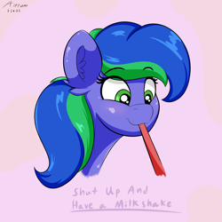 Size: 2700x2700 | Tagged: safe, artist:astrum, oc, oc only, oc:felicity stars, pegasus, pony, cute, digital art, drinking, drinking straw, happy, head only, high res, looking down, smiling, solo, straw, text
