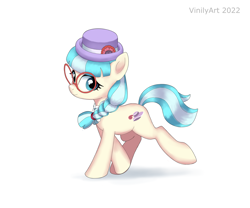 Size: 3150x2616 | Tagged: safe, artist:vinilyart, coco pommel, earth pony, pony, g4, braid, cocobetes, cute, eyelashes, female, glasses, hat, high res, looking at you, mare, older, shadow, simple background, smiling, smiling at you, solo, tail, trotting, white background