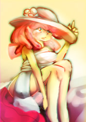 Size: 1400x1980 | Tagged: safe, artist:woofmaple, apple bloom, earth pony, anthro, g4, blushing, breasts, clothes, cute, female, hat, orange eyes, red hair, solo