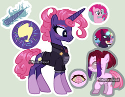Size: 1024x798 | Tagged: safe, artist:stormcloud-yt, pinkie pie, tempest shadow, oc, pony, unicorn, g4, the ending of the end, the last problem, base used, broken horn, clothes, coat markings, eyelashes, female, filly, foal, glowing, glowing horn, horn, magical lesbian spawn, mare, offspring, parent:pinkie pie, parent:tempest shadow, parents:tempestpie, screencap reference, simple background, socks (coat markings)