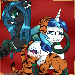 Size: 2000x2000 | Tagged: safe, artist:novaspark, part of a set, queen chrysalis, shining armor, changeling, changeling queen, pony, unicorn, g4, chinese new year, clothes, costume, duo, duo male and female, female, high res, infidelity, infidelity armor, lunar new year, male, nervous, paw socks, paws, ship:shining chrysalis, shipping, socks, stallion, stockings, straight, striped socks, thigh highs, tiger print, year of the tiger