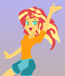 Size: 4061x4733 | Tagged: safe, artist:egor418, sunset shimmer, equestria girls, g4, absurd resolution, clothes, female, gradient background, lineless, looking at you, open mouth, open smile, shorts, smiling, smiling at you, solo, waving, waving at you