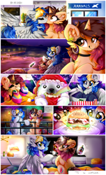 Size: 2840x4680 | Tagged: safe, artist:woonborg, oc, oc only, oc:bluecode, oc:woonie, pegasus, pony, unicorn, airport, beach, burger, christmas, clothes, comic, cookie, crash bandicoot (series), fireworks, flower, flower in hair, food, gift art, hat, holiday, kissing, mcdonald's, present, santa hat, socks, television