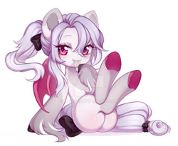 Size: 1024x844 | Tagged: dead source, safe, artist:miioko, oc, oc only, bat pony, pony, 2021, bat pony oc, bat wings, bow, butt blush, commission, deviantart watermark, eyelashes, female, hair bow, mare, obtrusive watermark, sitting, solo, tail, tail bow, underhoof, watermark, wings, ych result
