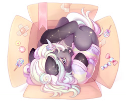Size: 1024x832 | Tagged: safe, artist:miioko, oc, oc only, pony, unicorn, :p, box, candy, cardboard box, clothes, commission, deviantart watermark, female, food, horn, horn ring, mare, obtrusive watermark, pony in a box, ring, solo, starry eyes, tongue out, unicorn oc, watermark, wingding eyes, ych result