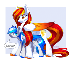 Size: 1216x1024 | Tagged: safe, artist:scarlet-spectrum, oc, oc only, oc:diamond sun, oc:hawker hurricane, pegasus, pony, colored wings, colored wingtips, commission, duo, female, hawkmond, height difference, larger female, looking at each other, looking at someone, male, mare, oc x oc, shipping, simple background, size difference, slender, smiling, smiling at each other, speech bubble, stallion, straight, thin, two toned wings, unshorn fetlocks, watermark, wings
