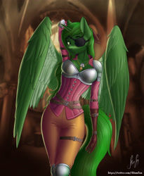 Size: 2800x3422 | Tagged: safe, artist:altumsan, oc, oc:the emissary, alicorn, anthro, fallout equestria, armor, artificial alicorn, dog tags, eyepatch, female, green alicorn (fo:e), high res, jewelry, multiple variants, solo, unconvincing armor, wings