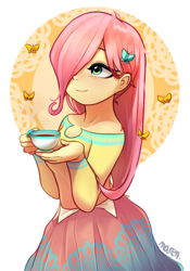 Size: 1444x2060 | Tagged: safe, artist:maren, fluttershy, equestria girls, g4, blushing, breasts, cup, cute, female, hair over one eye, shyabetes, solo, teacup