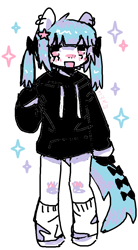 Size: 514x934 | Tagged: safe, artist:pxunii, oc, oc:line heart, semi-anthro, arm hooves, blue hair, bow, clothes, ear piercing, earring, hoodie, jewelry, leg warmers, pale skin, piercing, tail, tail bow