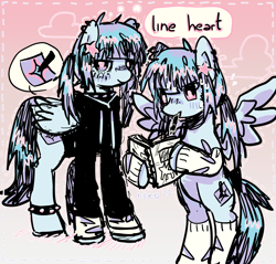 Size: 2888x2760 | Tagged: safe, artist:pxunii, oc, oc only, oc:line heart, pegasus, pony, anklet, book, clothes, high res, hoodie, jewelry, notebook, pen, reference sheet, socks, solo