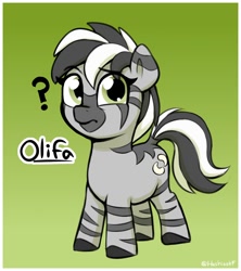 Size: 1298x1464 | Tagged: safe, artist:heretichesh, oc, oc only, oc:olifa, zebra, female, filly, foal, gradient background, looking at you, question mark, solo, zebra oc, zilly