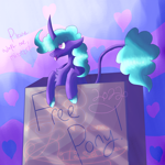 Size: 5800x5800 | Tagged: safe, artist:florarena-kitasatina/dragonborne fox, oc, oc only, pony, unicorn, absurd resolution, box, cute, free pony, heart, leonine tail, signature, tail, tongue out, watermark