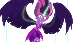 Size: 3410x1920 | Tagged: safe, screencap, sci-twi, twilight sparkle, equestria girls, g4, my little pony equestria girls: friendship games, bare shoulders, female, high res, midnight sparkle, shrunken pupils, sleeveless, solo, spread wings, strapless, wings
