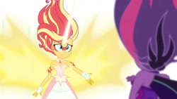 Size: 3410x1920 | Tagged: safe, screencap, sci-twi, sunset shimmer, twilight sparkle, equestria girls, g4, my little pony equestria girls: friendship games, bare shoulders, daydream shimmer, duo, duo female, female, high res, midnight sparkle, sleeveless, strapless