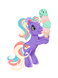 Size: 600x800 | Tagged: safe, artist:vernorexia, peach surprise, earth pony, pony, g3, bipedal, coloring page, digital art, eating, food, green eyes, ice cream, ice cream cone, multicolored hair, peach, ponytail, purple coat, recolor, scrunchie, simple background, solo, standing, style emulation, tongue out, transparent background