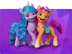 Size: 1600x1200 | Tagged: safe, izzy moonbow, sunny starscout, earth pony, pony, unicorn, g5, my little pony: a new generation, official, 3d, badge, bag, banner, bracelet, header, jewelry, looking at you, melody note, multicolored hair, purple background, simple background, smiling, smiling at you, standing, updated, updated design, uvula