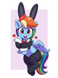 Size: 899x1198 | Tagged: safe, alternate version, artist:pabbley, rainbow dash, pegasus, pony, g4, adorasexy, belly button, bow, bunny ears, bunny suit, clothes, cute, dashabetes, female, floating heart, heart, looking at you, mare, open mouth, open smile, pants, reverse bunny suit, sexy, simple background, smiling, smiling at you, stupid sexy rainbow dash