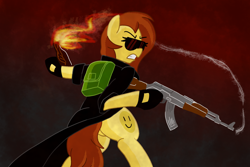 Size: 4500x3000 | Tagged: safe, artist:legendoflink, oc, oc:postal mare, earth pony, pony, ak-47, angry, assault rifle, backpack, bipedal, clothes, female, fire, gun, looking back, mare, molotov cocktail, postal, postal 2, postal dude, rifle, rule 63, smoke, sunglasses, trenchcoat, weapon