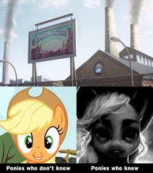 Size: 640x720 | Tagged: safe, artist:assasinmonkey, edit, edited screencap, screencap, applejack, earth pony, pony, fanfic:rainbow factory, apple family reunion, g4, season 3, apple, apple tree, applejack becoming uncanny, applejack's hat, caption, cowboy hat, cropped, cursed image, factory, fanfic art, female, hat, image macro, implied rainbow factory, looking at you, mare, meme, mr. incredible becoming uncanny, ponified meme, raise this barn, realistic, solo, sweet apple acres, text, the amazing world of gumball, those who don't know, tree