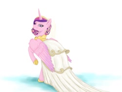 Size: 1024x768 | Tagged: safe, artist:tenebristempestas, princess cadance, queen chrysalis, pony, a canterlot wedding, g4, clothes, disguise, disguised changeling, dress, evil smile, fake cadance, grin, looking at you, looking back, looking back at you, raised hoof, simple background, smiling, solo, wedding dress