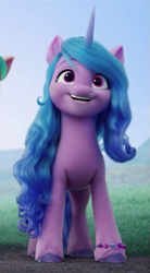 Size: 445x804 | Tagged: safe, edit, edited screencap, screencap, izzy moonbow, pony, unicorn, g5, my little pony: a new generation, cute, female, izzybetes, looking at something, mare, smiling, solo focus