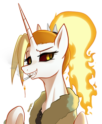 Size: 2674x3253 | Tagged: safe, artist:maren, oc, oc only, oc:dyx, alicorn, pony, black sclera, cigarette, fire, high res, mane of fire, match, sharp teeth, signature, simple background, slit pupils, smoking, solo, teeth, white background