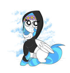 Size: 3561x3732 | Tagged: safe, artist:thepinkbirb, oc, oc only, oc:cloudnine, pegasus, pony, chest fluff, clothes, commission, floral head wreath, flower, high res, hoodie, looking at you, simple background, socks, solo, striped socks, white background