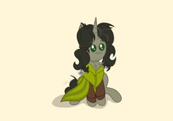 Size: 1068x750 | Tagged: safe, artist:thepinkbirb, pony, rat, unicorn, bruno madrigal, chest fluff, chibi, cloak, clothes, crossover, cute, disney, ear fluff, encanto, facial hair, green eyes, simple background, sitting, solo