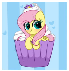 Size: 3880x3952 | Tagged: safe, artist:kittyrosie, part of a set, fluttershy, pegasus, pony, blushing, cupcake, cute, food, heart eyes, looking at you, shyabetes, smiling, solo, whipped cream, wingding eyes