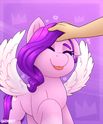 Size: 2000x2400 | Tagged: safe, artist:rivin177, part of a set, pipp petals, human, pegasus, pony, g5, :3, :p, abstract background, adorapipp, birb, cute, daaaaaaaaaaaw, eyes closed, hand, head pat, heart, high res, human on pony petting, offscreen character, one ear down, pat, petting, solo focus, spread wings, tongue out, wings