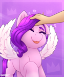 Size: 2000x2400 | Tagged: safe, artist:rivin177, part of a set, pipp petals, human, pegasus, pony, g5, :3, :p, abstract background, adorapipp, birb, cute, daaaaaaaaaaaw, eyes closed, hand, head pat, heart, human on pony petting, offscreen character, one ear down, pat, petting, solo focus, spread wings, tongue out, wings