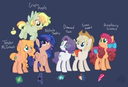 Size: 2048x1390 | Tagged: safe, artist:adiwolfsong, oc, oc only, oc:crispin apple, oc:diamond tart, oc:nebula sentry, oc:raspberry custard, oc:snow sweet, oc:tender mcintosh, earth pony, pegasus, pony, unicorn, base used, blue background, bow, colored pupils, cowboy hat, earth pony oc, eye clipping through hair, female, food, food in hair, freckles, hair bow, half-siblings, hat, horn, magical lesbian spawn, mare, next generation, offspring, parent:applejack, parent:big macintosh, parent:cheese sandwich, parent:flash sentry, parent:fluttershy, parent:pinkie pie, parent:rainbow dash, parent:rarity, parent:twilight sparkle, parents:appledash, parents:cheesepie, parents:flashlight, parents:fluttermac, parents:rarijack, pegasus oc, siblings, signature, simple background, sisters, sprinkles, tail, tail bow, unicorn oc