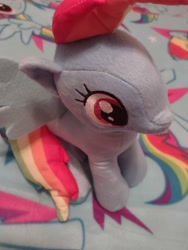 Size: 3000x4000 | Tagged: safe, rainbow dash, pegasus, pony, g4, 2022, bed, bedroom, cute, dashabetes, female, from above, high angle, irl, lighting, mare, night, overhead view, plushie, rainbow dash plushie, throw
