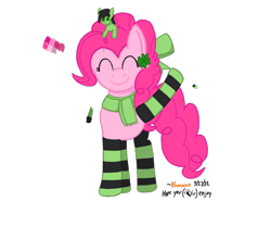 Size: 1400x1300 | Tagged: safe, artist:bloonacorn, pinkie pie, oc, oc:filly anon, earth pony, pony, g4, 4chan, ^^, clothes, clover, eyes closed, female, filly, plushie, scarf, simple background, smiling, socks, solo, striped socks, transparent background