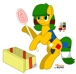 Size: 1215x1181 | Tagged: safe, artist:bloonacorn, oc, oc only, oc:blocky bits, earth pony, pony, box, candy, earth pony oc, food, lollipop, simple background, solo, transparent background