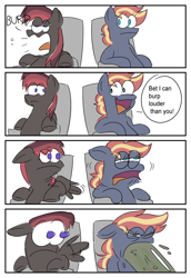 Size: 2504x3638 | Tagged: safe, artist:beefgummies, oc, oc only, oc:beef gummies, oc:sweeden, earth pony, pegasus, pony, 4 panel comic, burp, comic, faic, female, gross, high res, horrified, male, mare, onomatopoeia, open mouth, scared, sitting, speech bubble, spread wings, stallion, stylistic suck, volumetric mouth, vomit, vomiting, wings